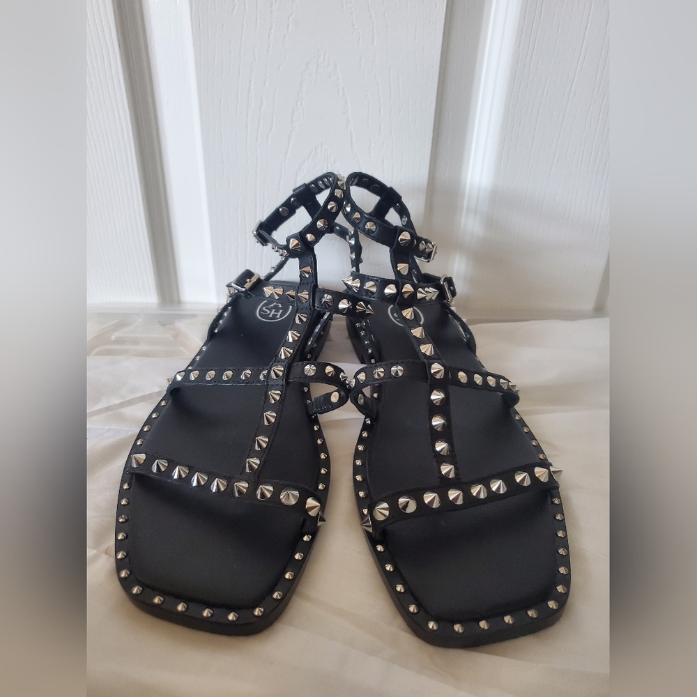 ASH Silver Stud Black Leather Sandals - Picture 2 of 16